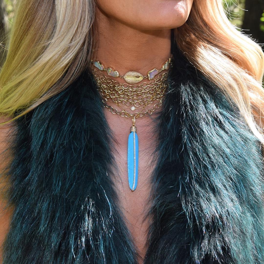 14k Carved Turquoise Feather Pendant