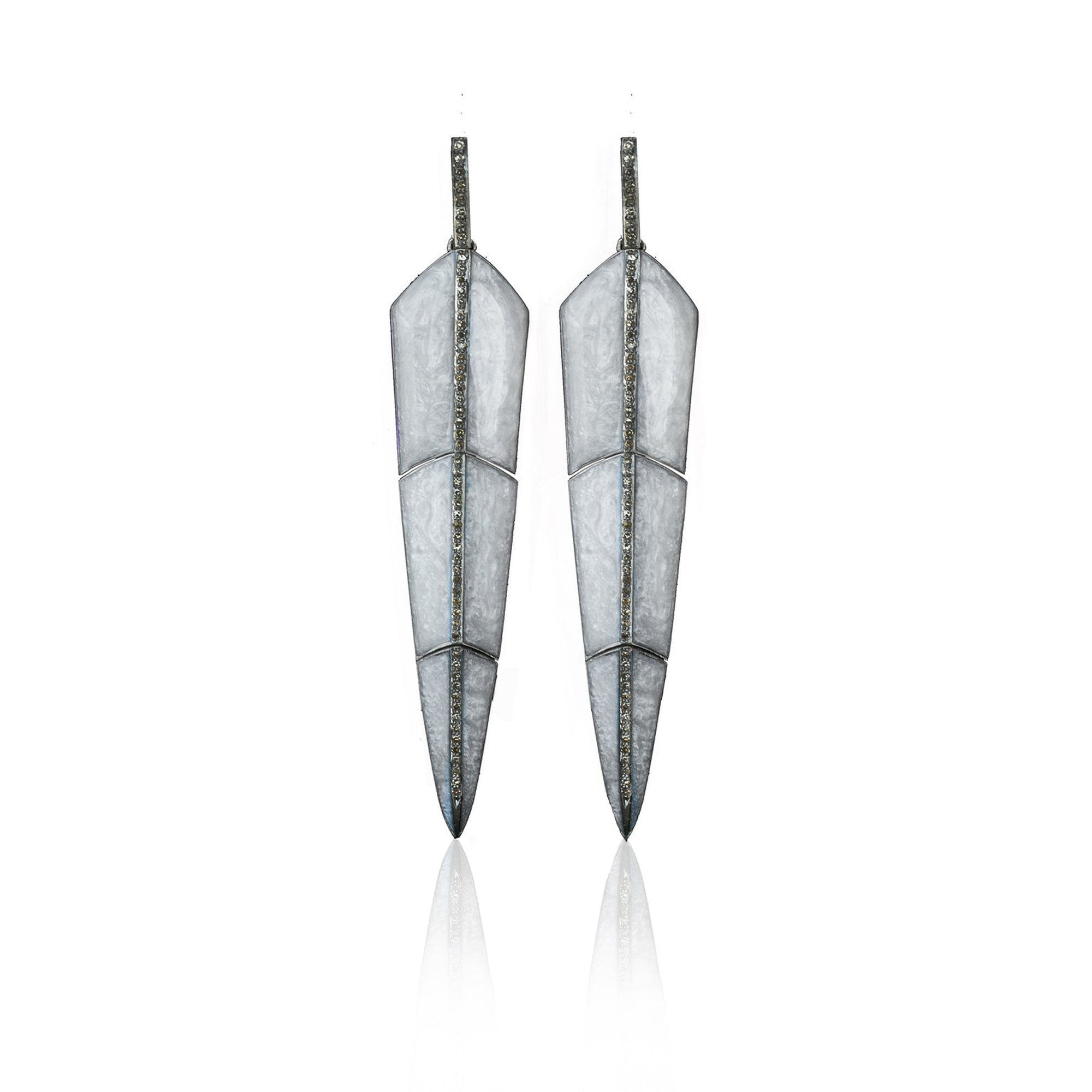 Pearl Grey Enamel Feather Earrings