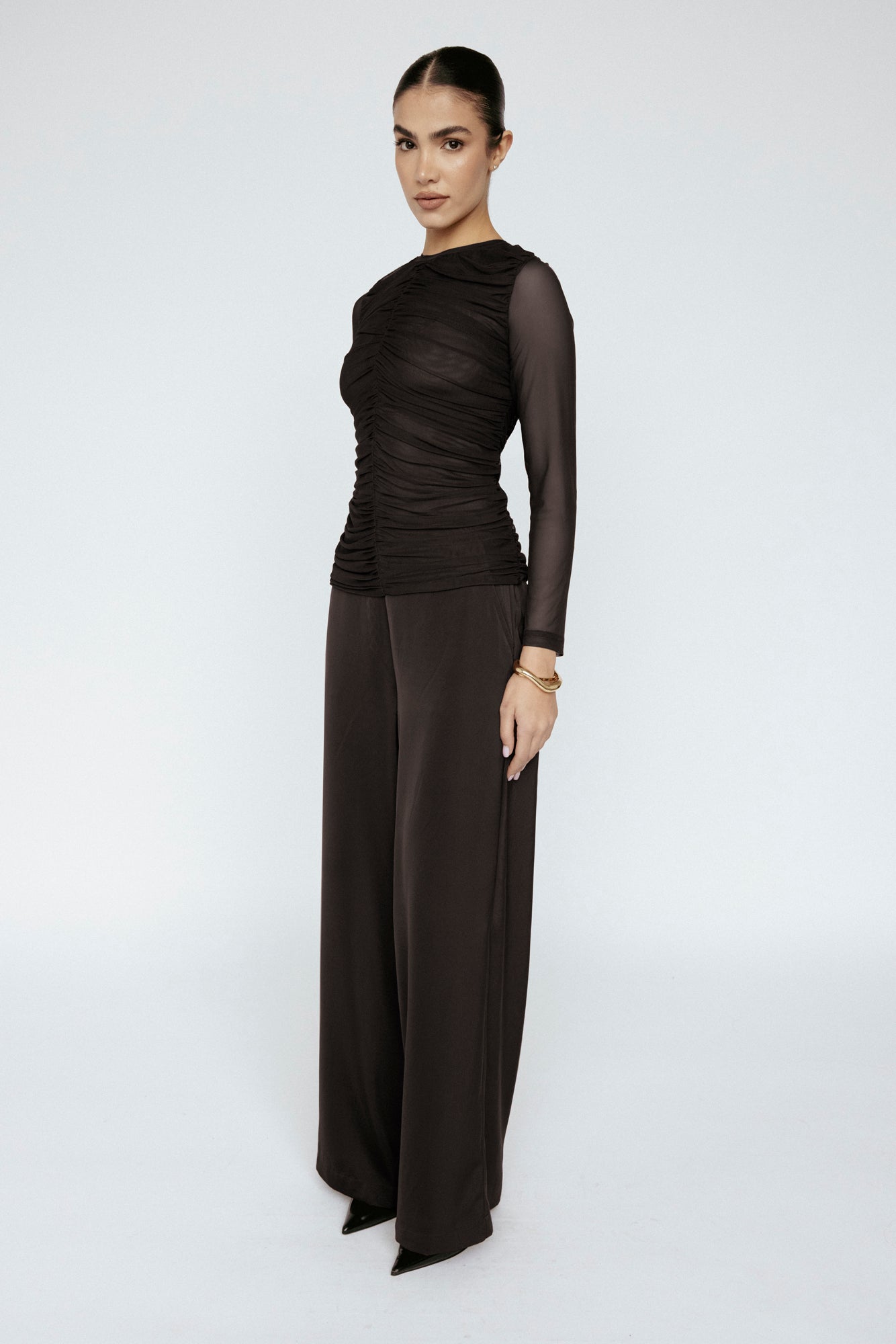 Ruche Mesh Long Sleeve Top