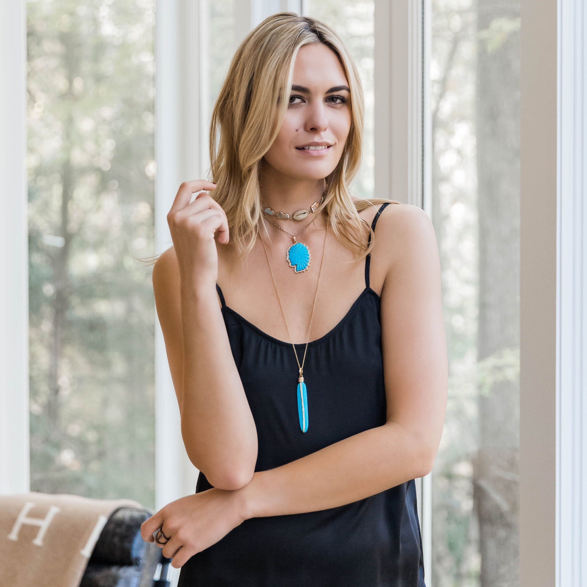 14k Carved Turquoise Feather Pendant