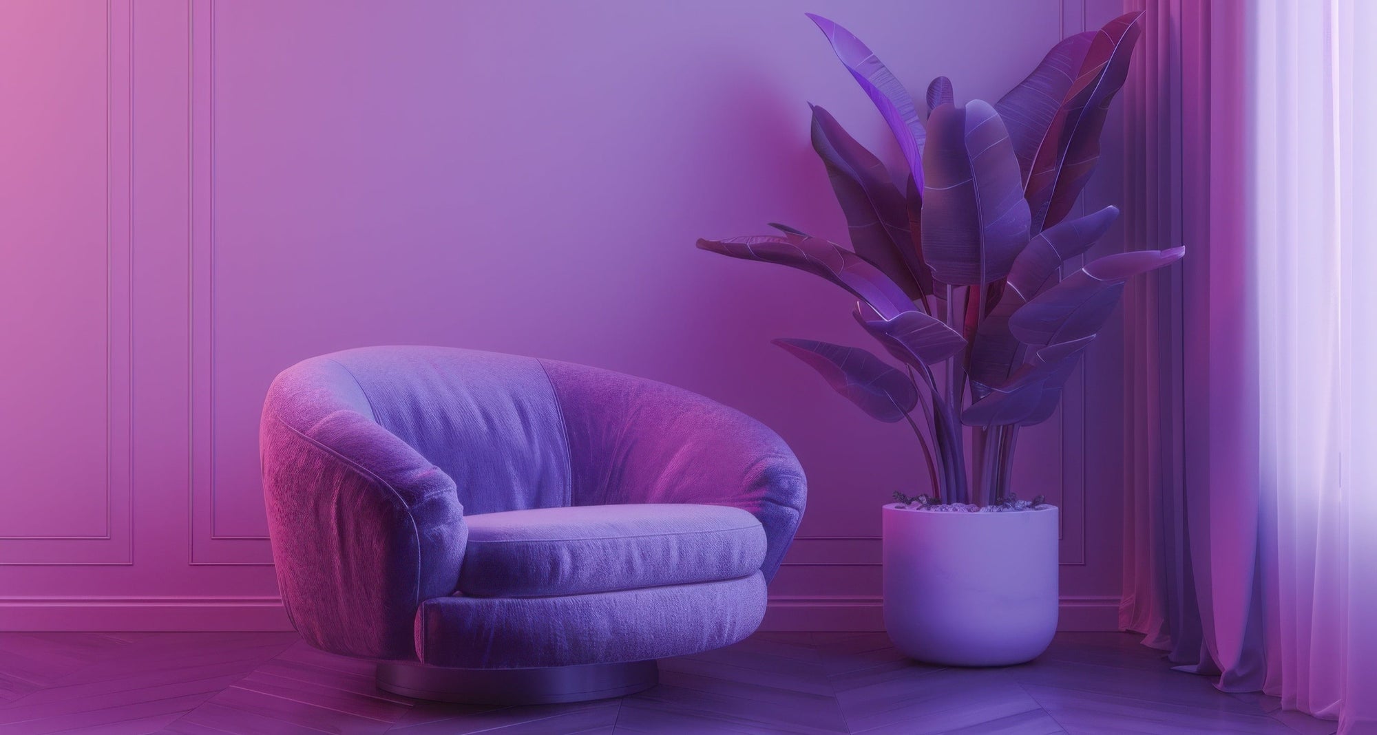 Purple armchair and plant in a room with pinkish-purple lighting