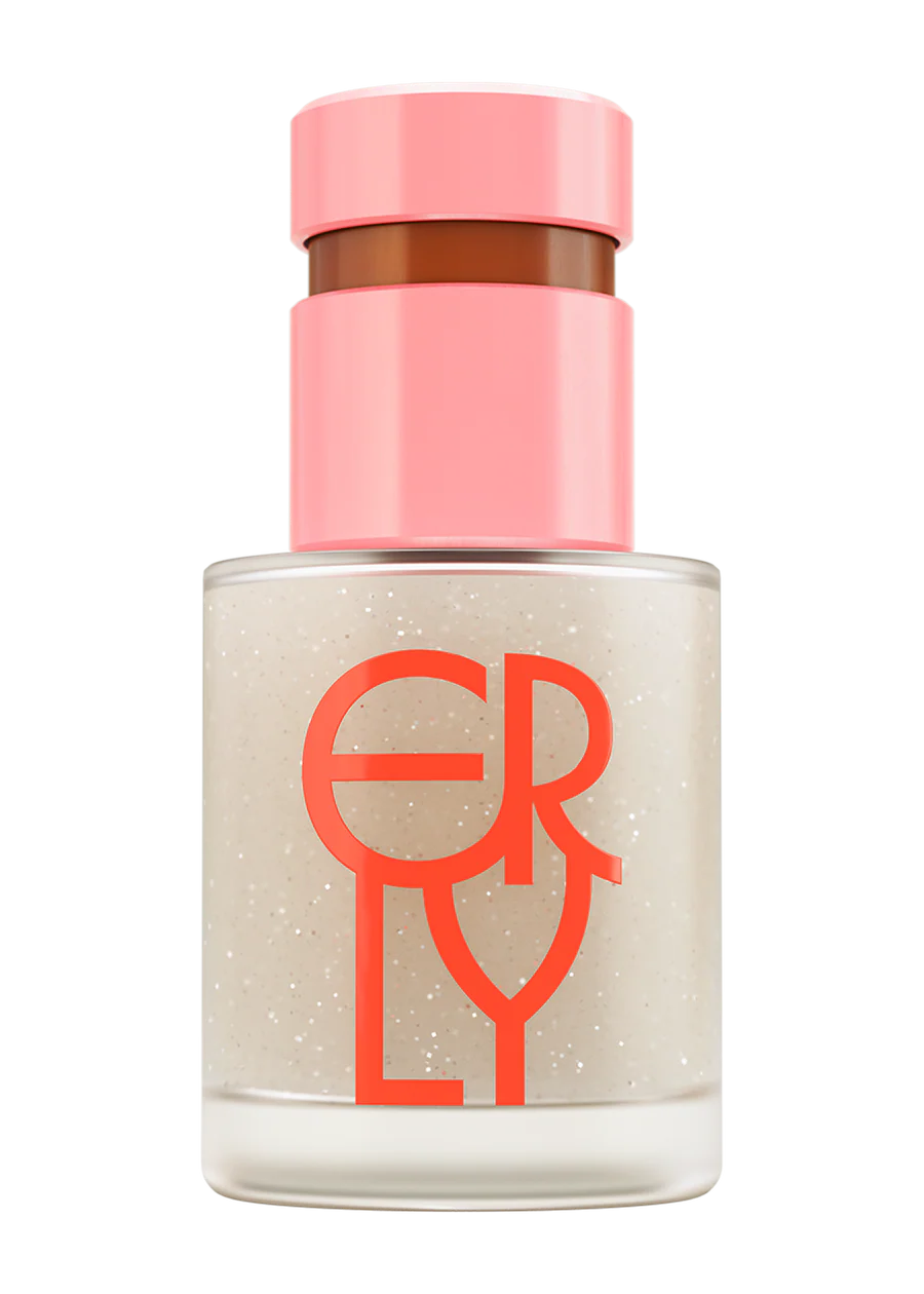 Serum bottle with pink cap and 'ERLY' branding on a white background